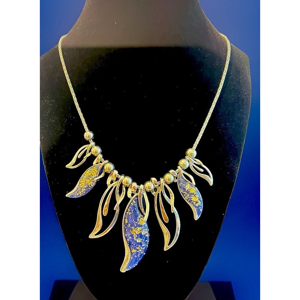Blue Purple Gold Fleck Leaf Statement Necklace Gold Tone Adjustable